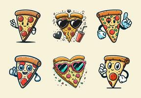 Pizza mascotte, Vintage ▾ carattere, retrò arte. cartone animato personaggi impostare. vettore