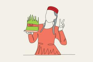 un' donna Tenere un' torta a il Nowruz celebrazione vettore