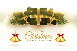 allegro Natale Festival auguri carta con regalo scatole e campana vettore