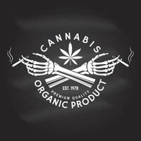 medico canapa distintivo, etichetta con scheletro mano, fumo marijuana vettore. Vintage ▾ tipografia logo design con cannabis, scheletro mano silhouette per erba negozio, cannabis, marijuana consegna servizio vettore