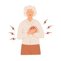 un anziano donna con cuore attacco sintomi. un' persona con mani su il suo il petto sperimentare cardiaco angoscia. medico paziente avendo ictus. vettore illustrazione isolato su bianca sfondo.