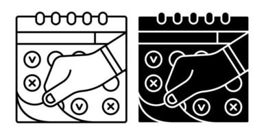 maschio mano strappo foglio di parete calendario icona. marcatura giorni di settimana, mesi su calendario. semplice nero e bianca vettore