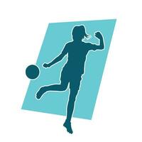 silhouette di un' femmina calcio giocatore calciando un' sfera. silhouette di un' calcio giocatore donna nel azione posa. vettore