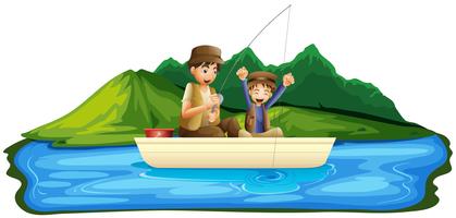 Padre e figlio pesca nel lago vettore