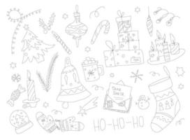 collezione di scarabocchi di natale. set di natale disegnato a mano con elementi. candela, luce e regali. grafico di contorno. lettera per babbo natale. vettore