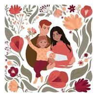 il famiglia abbracci. padre, madre, figlia e neonato bambino. caldo carino moderno illustrazione con fiori e le foglie. vettore
