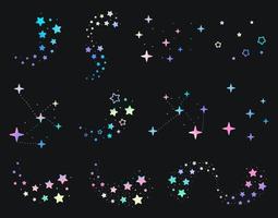 set di stelle scintillanti assortite e costellazioni multicolori su sfondo nero vettore