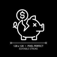 2d pixel Perfetto modificabile bianca rotto porcellino banca icona, isolato vettore, magro linea illustrazione che rappresentano economico crisi. vettore