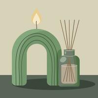 piatto vettore illustrazione di casa arredamento, alla moda candela e aroma diffusore nel verde colore