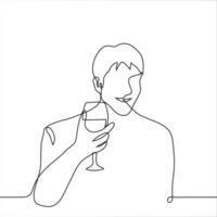 uomo Tenere un' bicchiere di vino e sorridente - uno linea disegno. crostini concetto vettore