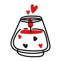 ardente candela nel un' bicchiere vaso con scarabocchio cuori. amore romantico. piatto vettore illustrazione, isolato. un' ardente candela nel bicchiere con cuori. San Valentino giorno, cera candela nel scarabocchio stile rosso nero colori