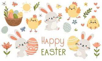 impostato di piatto vettore illustrazioni per Pasqua giorno. carino Pasqua coniglietti, polli, uovo cestino, Pasqua uova, fiori e farfalle. contento Pasqua iscrizione