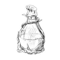 uno schizzo disegnato a mano di una bottiglia con una pozione magica. illustrazione vettoriale d'epoca. disegnare con una penna a inchiostro. illustrazione vettoriale di Halloween.