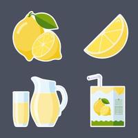 set di adesivi con frutta fresca al limone e limonata. collezione stile piatto fetta di limone e frutta intera, pacchetti di succo di limone vettore