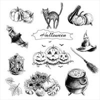 un insieme di elementi disegnati a mano per halloween. illustrazione vettoriale d'epoca.