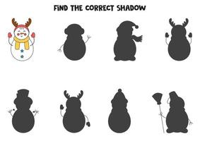 trova l'ombra corretta del pupazzo di neve simpatico cartone animato. puzzle logico per bambini. vettore