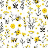 senza soluzione di continuità modello con giallo fiori e api. vettore grafica.