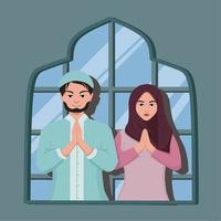 coppia musulmana che saluta saalam per celebrare la festa islamica vettore