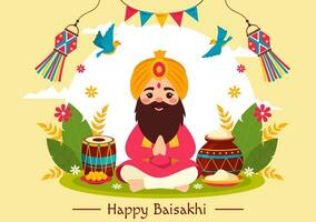 contento Baisakhi vettore illustrazione di vaisakhi punjabi primavera raccogliere Festival di sikh celebrazione con tamburo e aquilone nel vacanza cartone animato sfondo