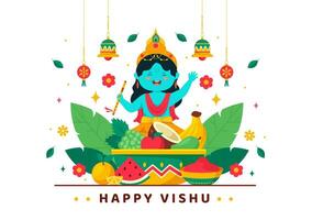contento vishu Festival vettore illustrazione con Krishna, tradizionale kerala Kani, frutta e verdure nel nazionale vacanza piatto cartone animato sfondo