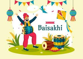 contento Baisakhi vettore illustrazione di vaisakhi punjabi primavera raccogliere Festival di sikh celebrazione con tamburo e aquilone nel vacanza cartone animato sfondo