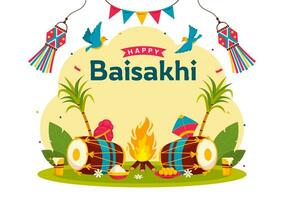 contento Baisakhi vettore illustrazione di vaisakhi punjabi primavera raccogliere Festival di sikh celebrazione con tamburo e aquilone nel vacanza cartone animato sfondo