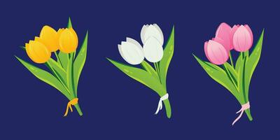 mazzi di fiori di tulipani, nel un' piatto vettore stile. giallo tulipano mazzo, bianca tulipano mazzo, rosa tulipano mazzo. Da donna giorno, La madre di giorno