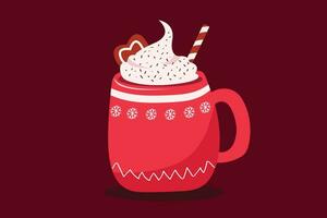 vettore piatto inverno Natale illustrazione con rosso tazza di caldo cacao e frustato crema