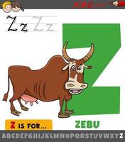 lettera z dell'alfabeto con personaggio animale zebù cartone animato vettore