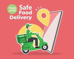 servizio di consegna di cibo, consegna di fast food, servizio di consegna di scooter, illustrazione vettoriale