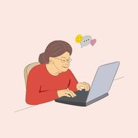 nonna felice con un computer portatile. una donna anziana con un laptop vettore