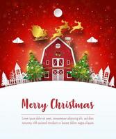 buon natale e felice anno nuovo, cartolina natalizia di babbo natale nel villaggio, stile paper art vettore