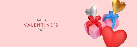 banner di san valentino con regali giocattolo minimi e illustrazione vettoriale di cuori