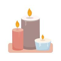 candele accese profumate alla cera di paraffina. aromaterapia e relax per spa. simpatica decorazione per la casa, hygge, vacanze, salone, elemento di design romantico e mistico. illustrazione vettoriale di cartone animato piatto