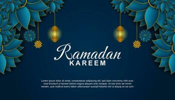 Ramadan kareem, islamico bandiera sfondo con buio blu colore e 3d fiore telaio. vettore illustrazione