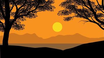 tramonto nella foresta con silhouette di albero vettore