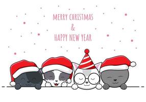 carino gatto famiglia saluto buon natale e felice anno nuovo cartone animato scarabocchio carta sfondo illustrazione vettore