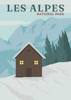 neve cabina nel les alpes manifesto Vintage ▾ vettore illustrazione design. nazionale parco nel Francia Vintage ▾ manifesto