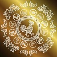 carta con d'oro gallo, gallina nel fiori nel etno-boho stile e vettore illustrazione eps 10