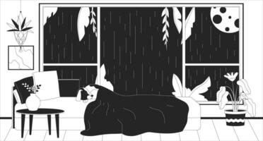 cane addormentato nel letto a notte piovoso schema 2d cartone animato sfondo. assonnato cucciolo stile di vita lineare vettore illustrazione. pieno Luna ore notturne finestra Camera da letto piatto sfondo arte, monocromatico lofi Immagine