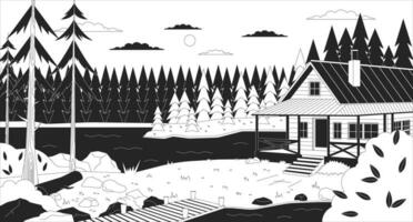 accogliente cabina di lago crepuscolo nero e bianca lofi sfondo. cabina nel foresta 2d schema cartone animato piatto illustrazione. casa estiva lago lato. famiglia vacanza. sognante vibrazione vettore linea lo fi estetico sfondo