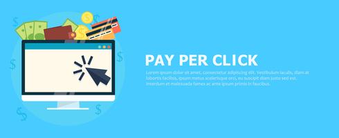 Banner Pay per click. Computer con soldi. Illustrazione piatta vettoriale