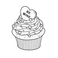 vettore illustrazione di Cupcake per San Valentino giorno.doodle schizzo di folletto buono con cuori decorazione. colorazione libro pagina