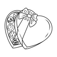 mano disegnato vettore illustrazione di un' cuore sagomato cioccolato caramella regalo scatola. colorazione libro pagina. scarabocchio, schizzo