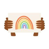 nero mano Tenere manifesto con arcobaleno. orgoglio mese concetto, LGBTQ movimento, persone diversità, Genere uguaglianza. vettore