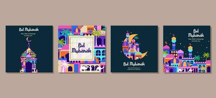 impostato di eid mubarak al Fitr islamico Arabo moschea architettura illustrazione per un' manifesto striscione, coperchio, sociale media inviare modello vettore