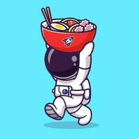 carino astronauta portare ramen ciotola cartone animato vettore icona illustrazione. scienza cibo icona concetto isolato premio vettore. piatto cartone animato stile