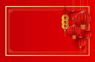 astratto sfondo vacanza cinese con lanterne appese e monete d'oro. illustrazione vettoriale eps10