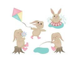 conigli impostare. carino bambini S illustrazione raffigurante vario Azioni di un' coniglio. un' lepre fa il bagno, annusa un' fiore, giochi con un' aquilone e Pesci. vettore illustrazione
