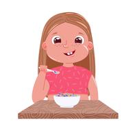 Una bambina mangia la colazione al mattino. Fiocchi di mais colorati piatto dolce con latte. Illustrazione di cartone animato vettoriale